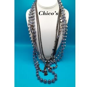 Chico’s Layered Beaded Necklace Silver Tone Glass Pearl Shell 7 Strands 30”